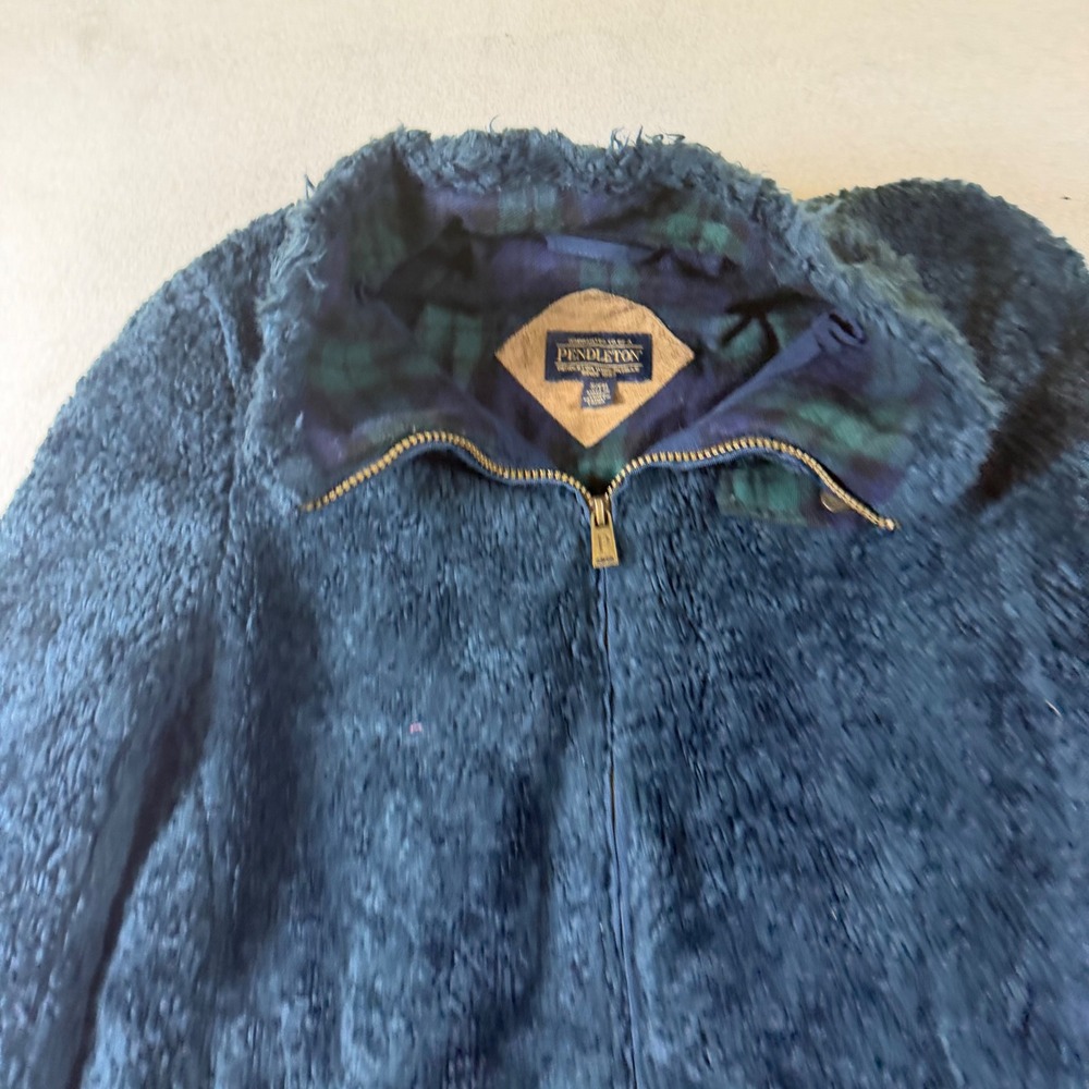 Pendleton Womens Teal Blue High Pile Sherpa Fleece Full Zip Plaid Lined Jacket S